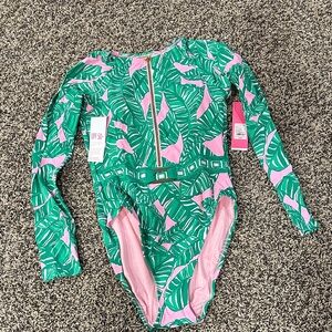 Lilly Pulitzer Green & Pink Leaf-Print Long Sleeve One-Piece Swimsuit